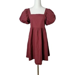 🐞 M/L, maroon cotton square neckline puff sleeves dress